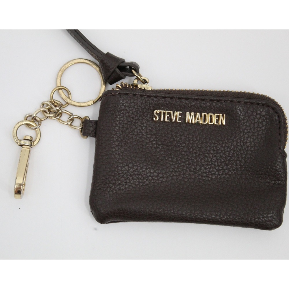 Steve Madden Brown Pebbled Faux Leather Coin Purse Keychain Wallet Gold Tone